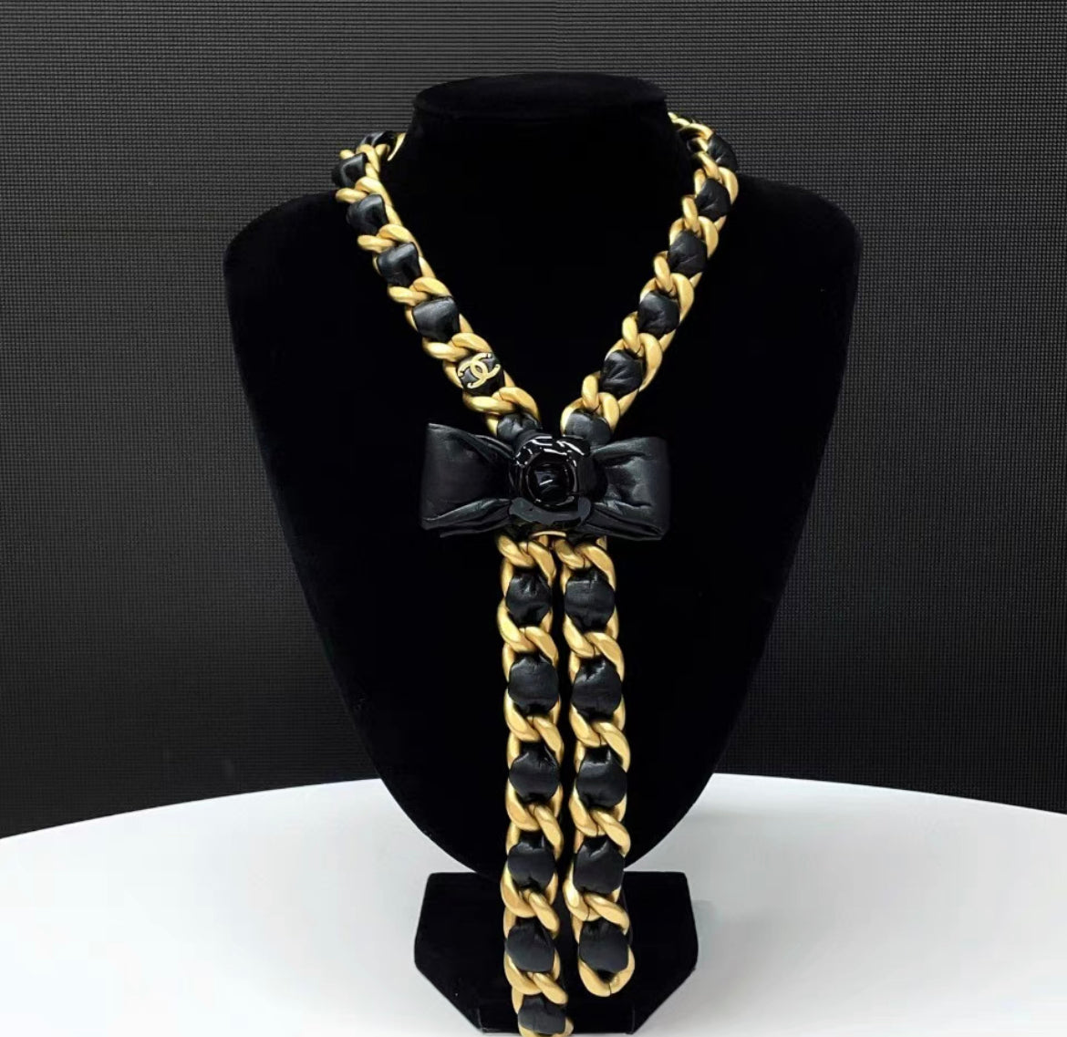 Chanel 20A tie style gold & black ribbon bow with camellia flower leather chain necklace