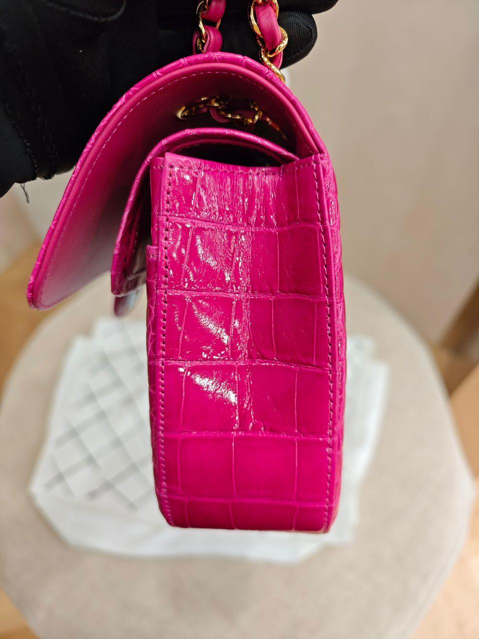 Chanel Medium Pink crocodile Alligator Flap Bag Gold Hardware