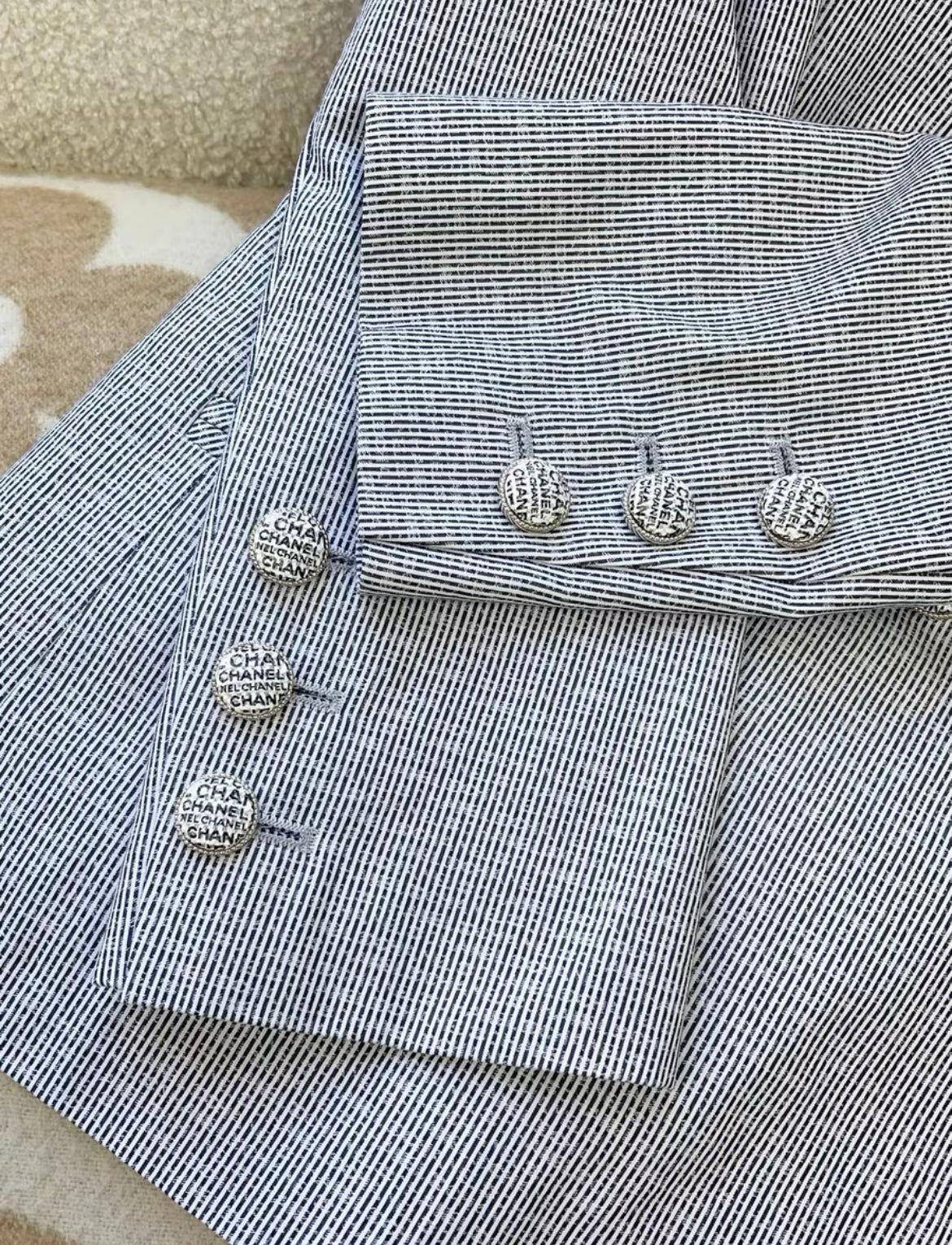 Chanel 24P blue and white striped double C full logo suit jacket size 36