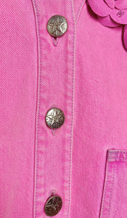 Iconic Chanel 21S Neon Pink Denim Camellia Jacket FR 36