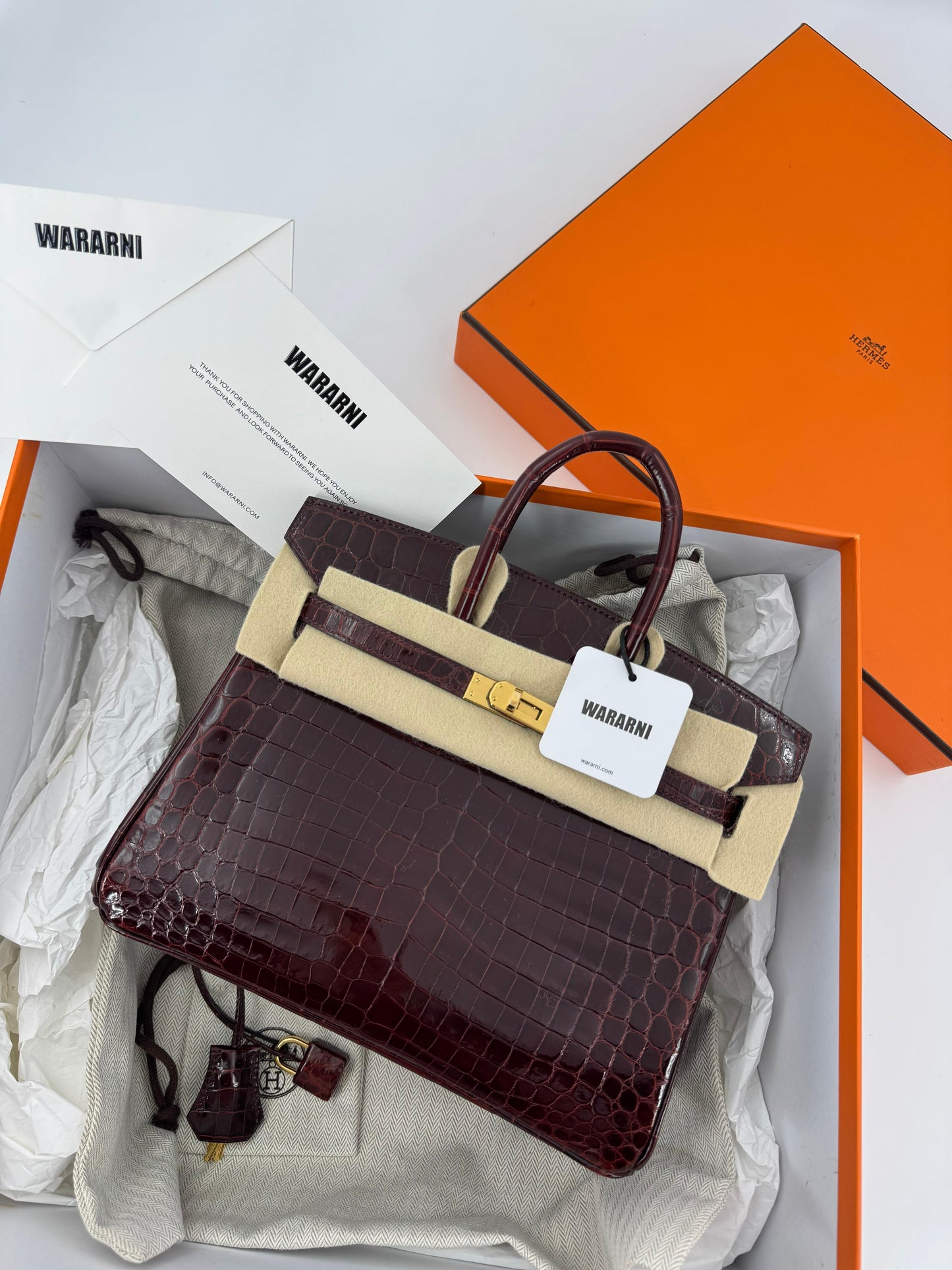 Hermes Birkin 25 Red Bordeaux shiny crocodile leather gold hardware