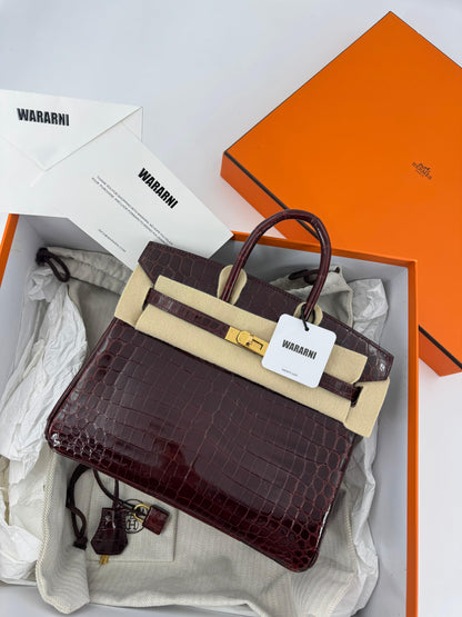 Hermes Birkin 25 Red Bordeaux shiny crocodile leather gold hardware