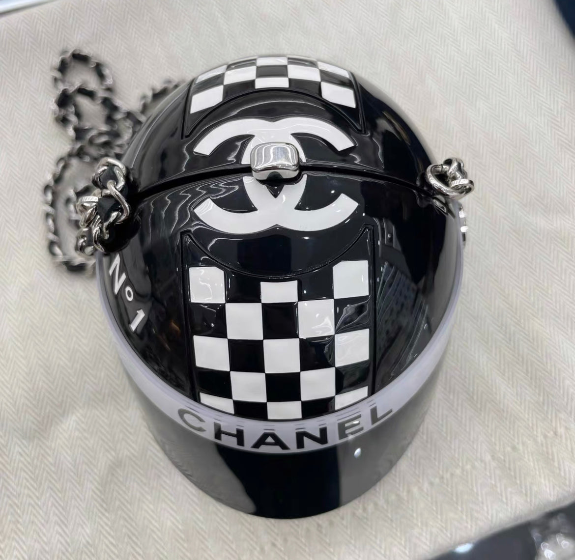 CHANEL 23C Helmet Bag Minauderie Chain Bag Black / White Resin