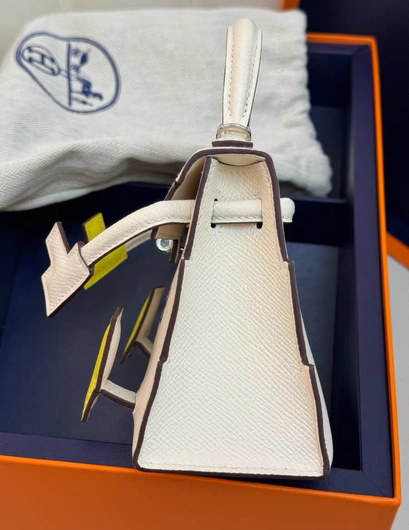 Hermès "Quelle Idolle" Picto Kelly Doll Nata Epsom Palladium Hardware