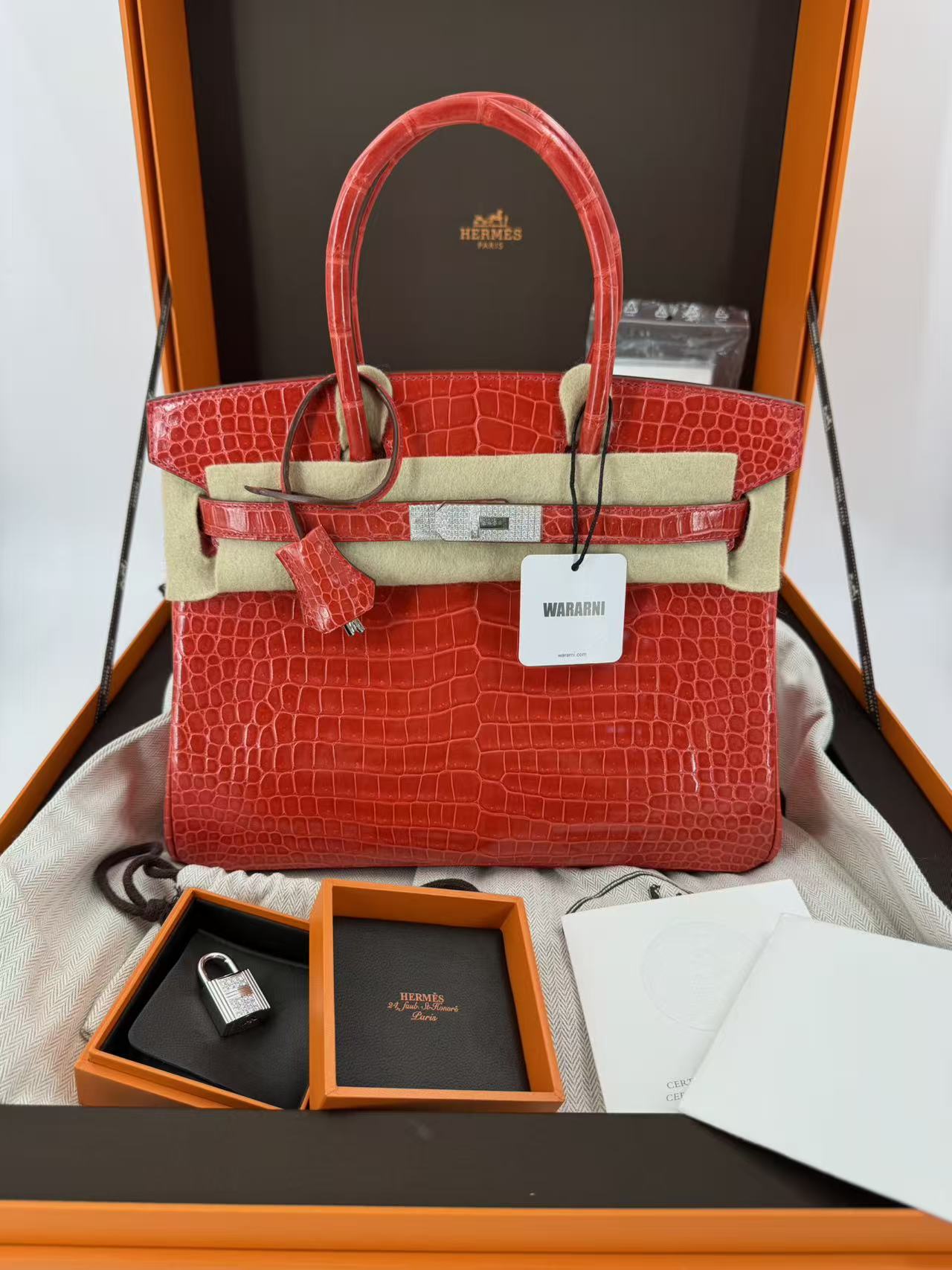 Hermès Birkin 30 Red Shiny Crocodile Leather 18k White Gold & diamond hardware
