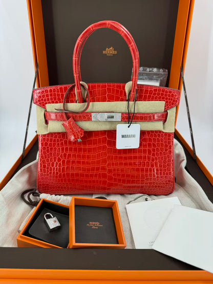 Hermès Birkin 30 Red Shiny Crocodile Leather 18k White Gold & diamond hardware