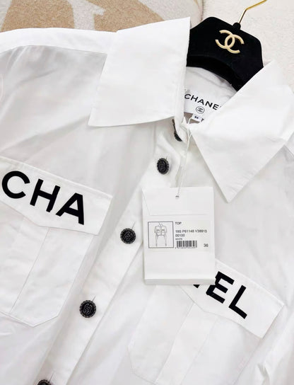 Chanel 19S LOGO CROP BLOUSE SHIRTS TOP IN WHITE size 36