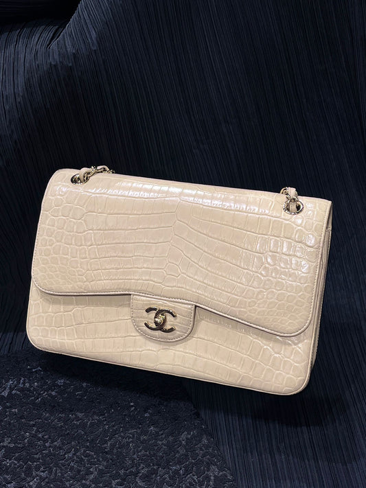 Chanel Beige Matte Crocodile Leather Maxi Flap Silver hardware
