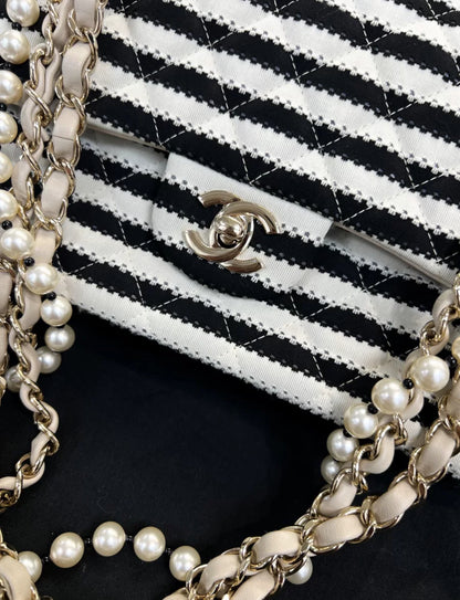 Chanel 14C Black 
White Striped Flap Bag