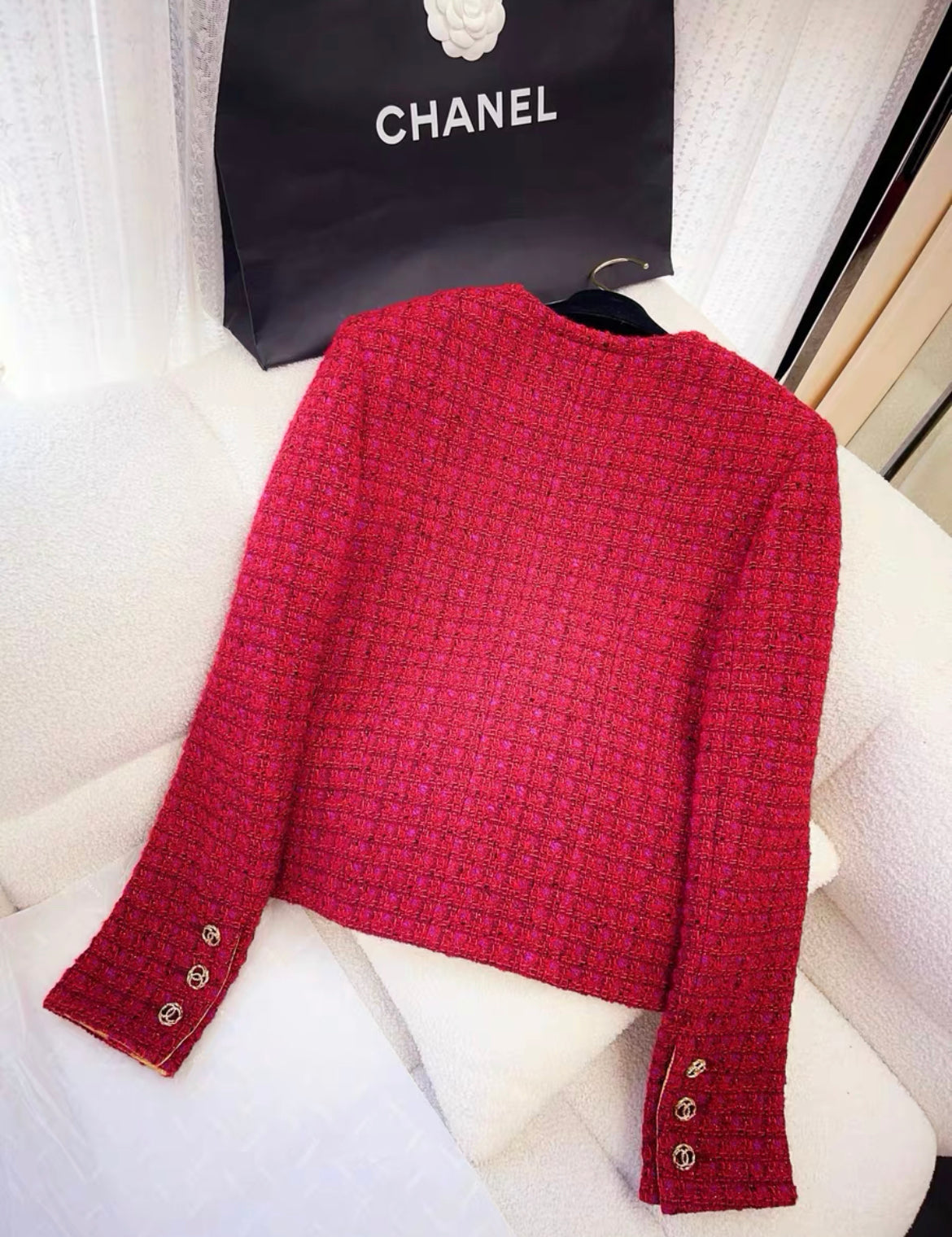 Chanel 23B Red, Burgundy Tweed jacket size 36