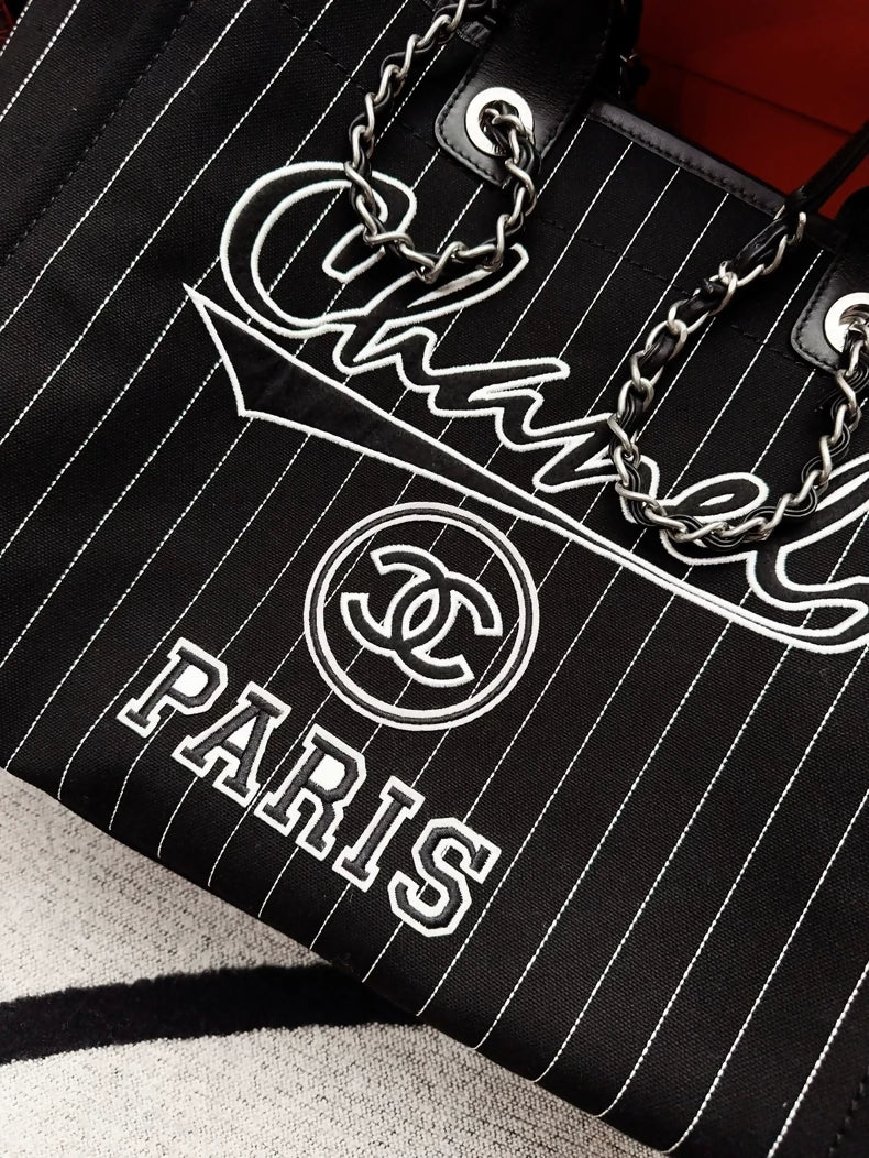 Chanel 23p black and white striped beach bag