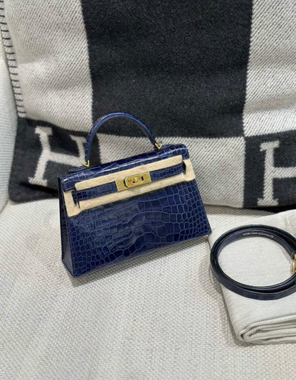 HERMES KELLY 20 MINI SELLIER BLEU SAPHIR SHINY ALLIGATOR PALLADIUM HARDWARE