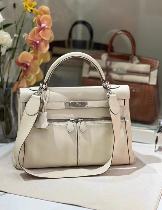 Hermes Kelly Lakis 32 Bag White Swift Leather Palladium Hardware