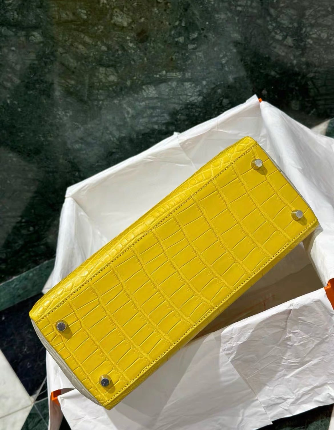 Hermes Kelly 28 Yellow Matte Alligator with Brushed Palladium Hardware