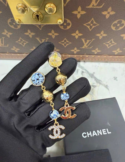 Chanel 25A Blue and White Gold Ball Double C Pendant Earrings