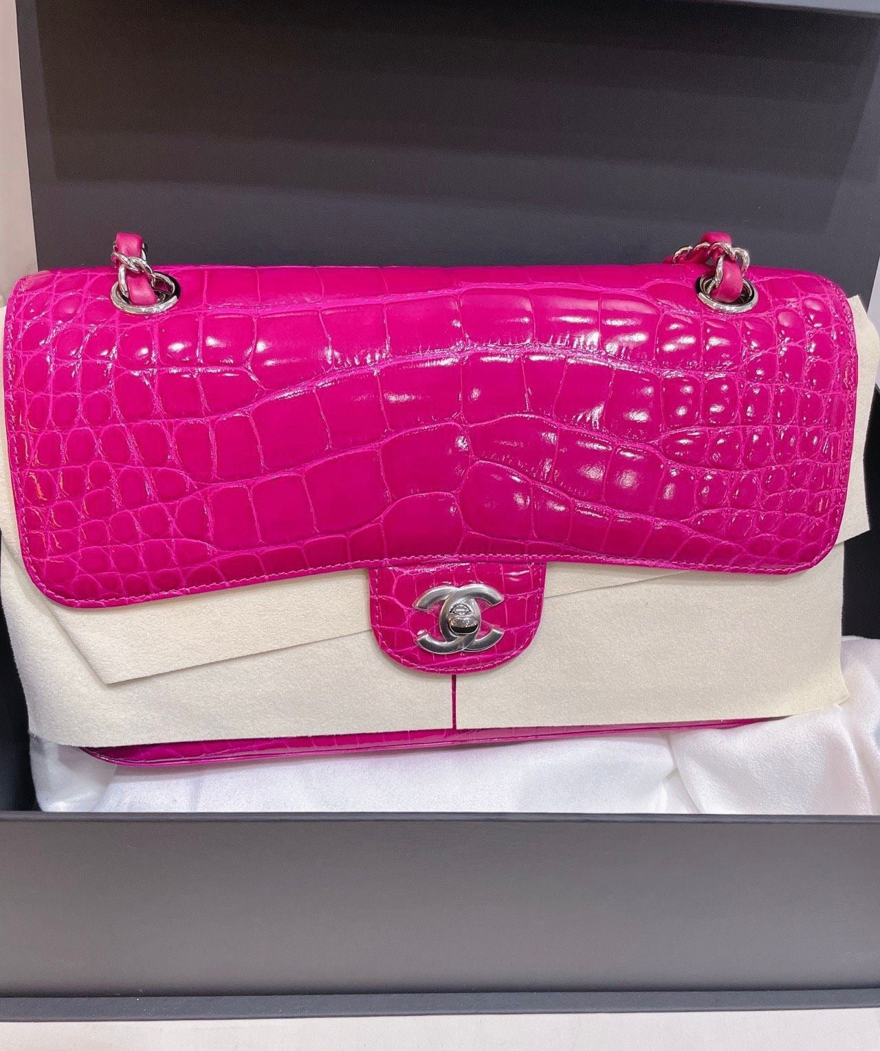 Chanel pink alligator leather medium flag silver hardware
