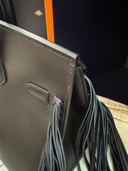 Hermès Birkin 35 Sellier Black Anate Fringe Evercolor leather Palladium Hardware