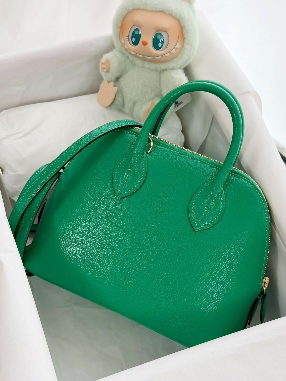Hermès Mini Bolide Vert Velours / Velvet Green Chevre / Goatskin Leather