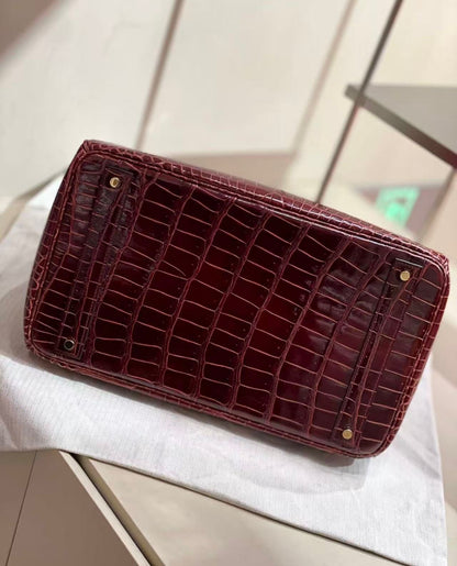 Hermes Birkin HAC 40 Bordeaux Burgundy Shiny crocodile leather gold hardware