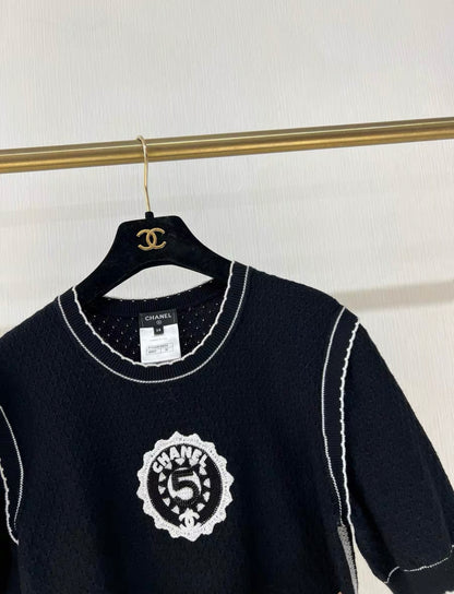 CHANEL 23C EMBELLISHED LOGO KNIT TOP Black Size 38