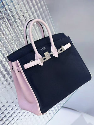 Hermes Birkin 25 black and mauve pale Chevre brushed palladium hardware