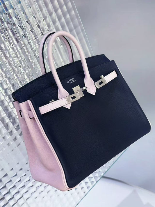Hermes Birkin 25 black and mauve pale Chevre brushed palladium hardware