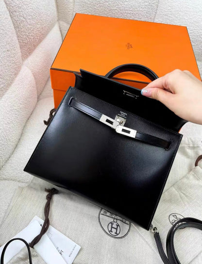 Hermes Kelly Sellier 25 Black Box Palladium Hardware