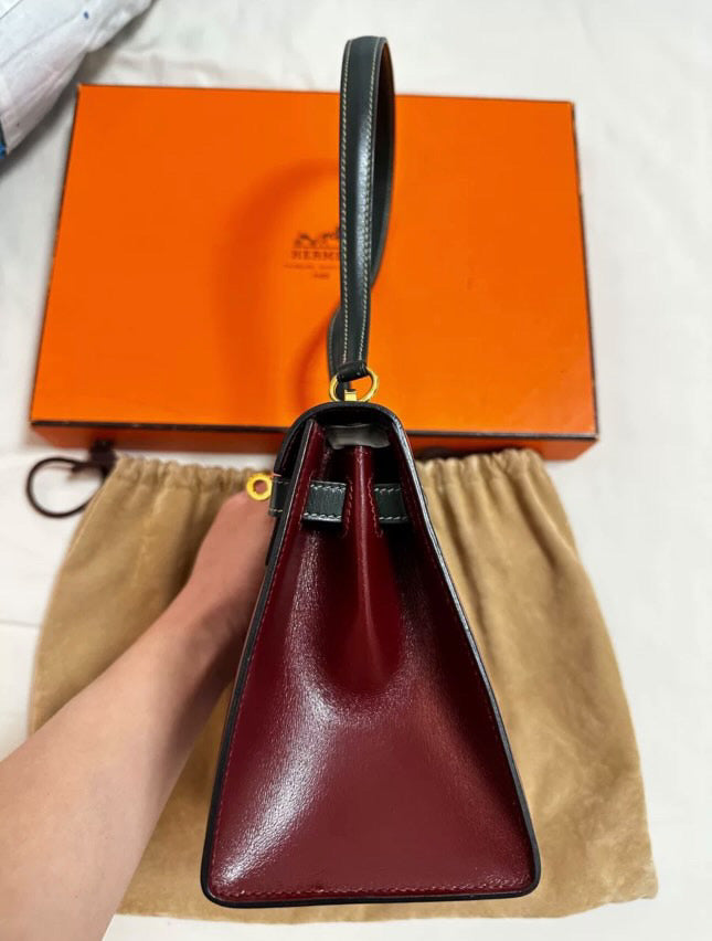 HERMES 80s KELLY 20 two Color’s Burgundy & Black Box Calf leather