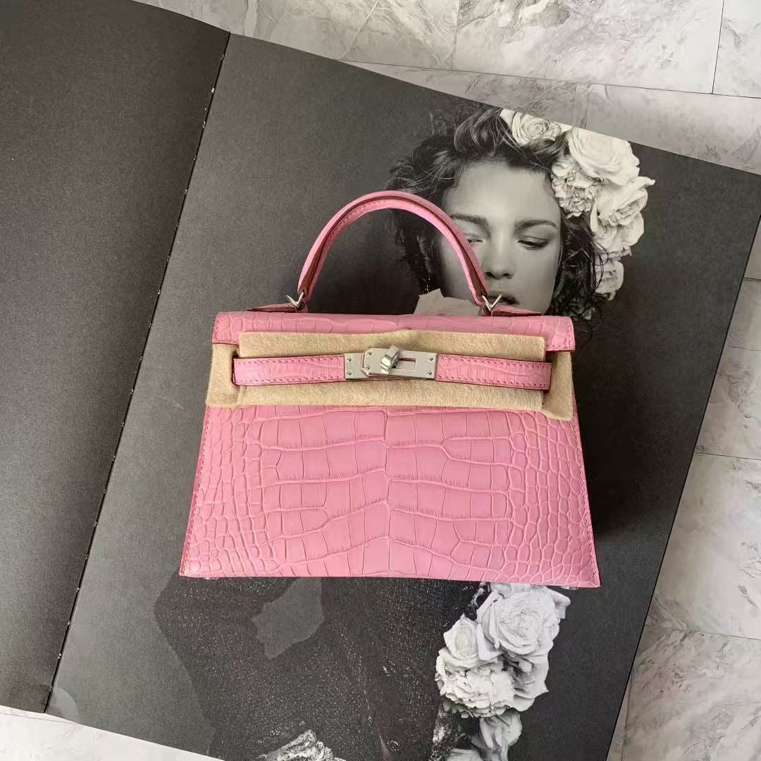Hermes mini Kelly 5p pink bubblegum matte alligator leather palladium hardware