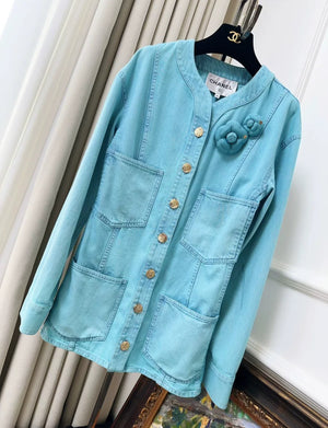 Chanel 21S Turquoise Blue Denim Camellia BroochJacket