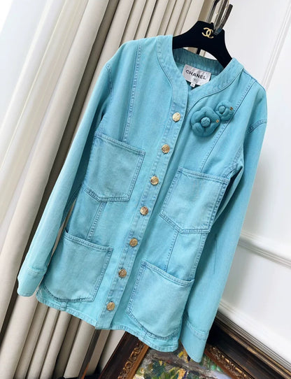 Chanel 21S Turquoise Blue Denim Camellia BroochJacket
