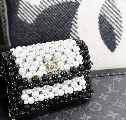 CHANEL 2022 SS WHITE & BLACK FAUX PEARLS MINI FLAP EVENING BAG WITH GOLD HARDWARE