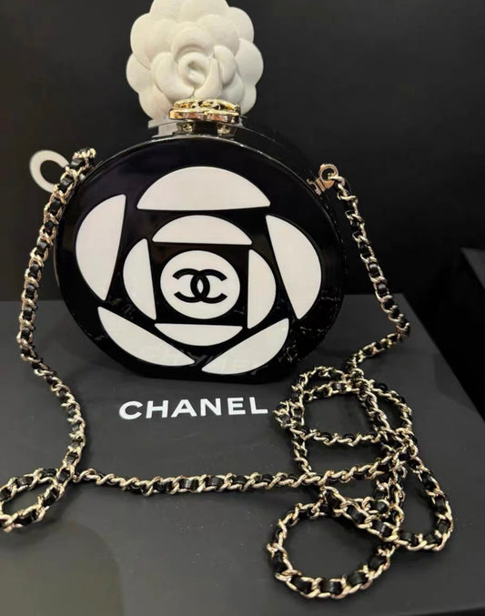 CHANEL 2023 Resin Plexi CC Camellia Minaudiere Clutch Black White