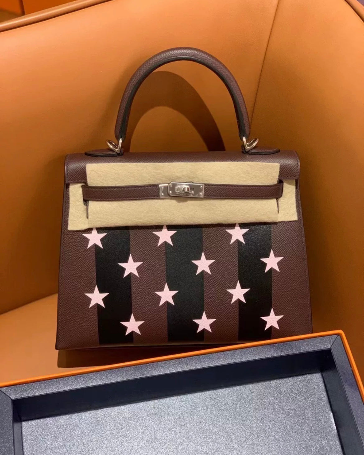 Hermes kelly Casaque 25cm Etoilee Rouge sellier/noir/rose darling Epsom/Mysore/Tad Palladium hardware