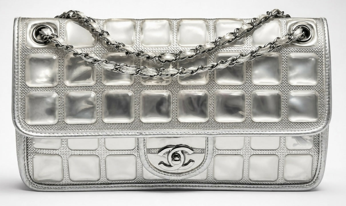 ICONIC Chanel 08C Medium Ice Cube Metallic Silver PVC Calfskin Classic Single Flap Bag