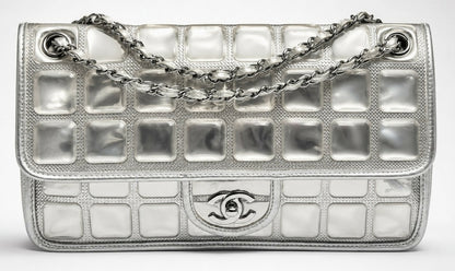 ICONIC Chanel 08C Medium Ice Cube Metallic Silver PVC Calfskin Classic Single Flap Bag