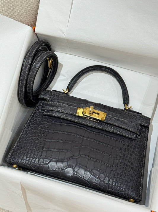 Hermes Mini Kelly 20  Graphite Matte Alligator Gold Hardware