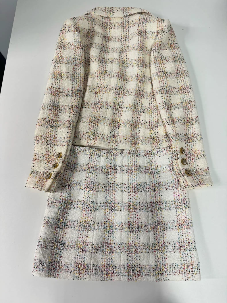 Chanel 24S iridescent écru tweed jacket & skirt