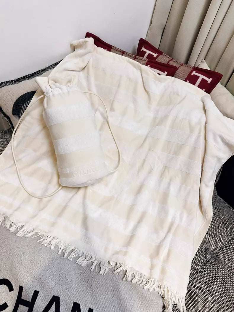 Chanel off-white striped fringed towel and beach bag set