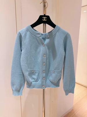 Chanel 25S Spring/Summer Baby Blue Reversible Button Cashmere Knit Cardigan,