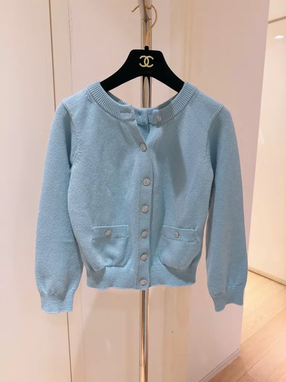 Chanel 25S Spring/Summer Baby Blue Reversible Button Cashmere Knit Cardigan,