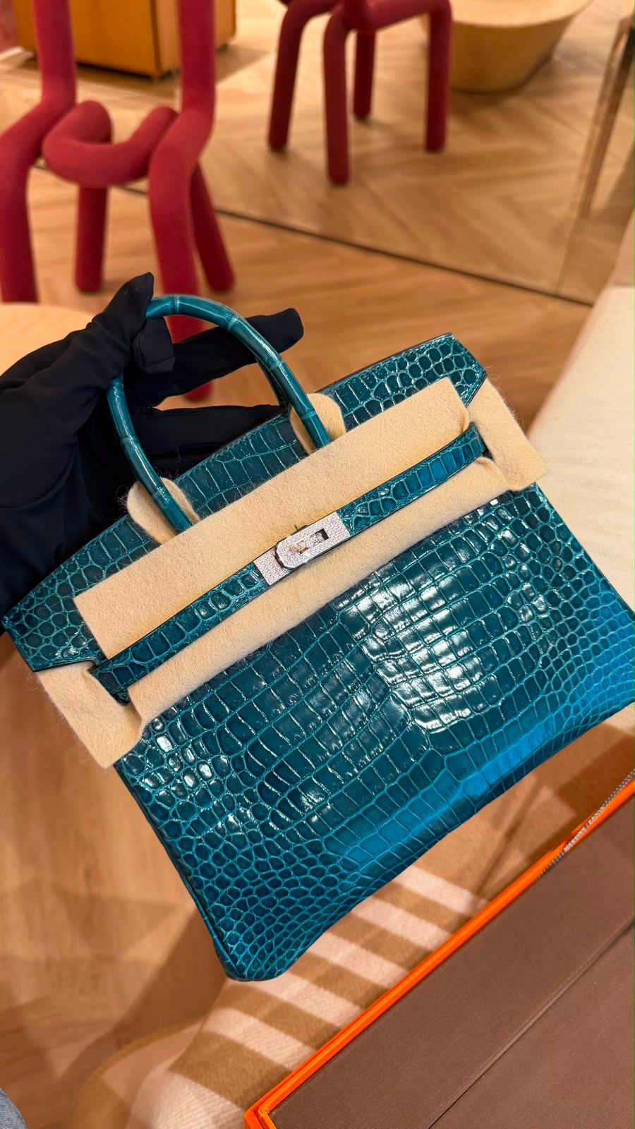 Hermes Birkin 25 Shiny Bosphore Crocodile Diamond Gold Hardware