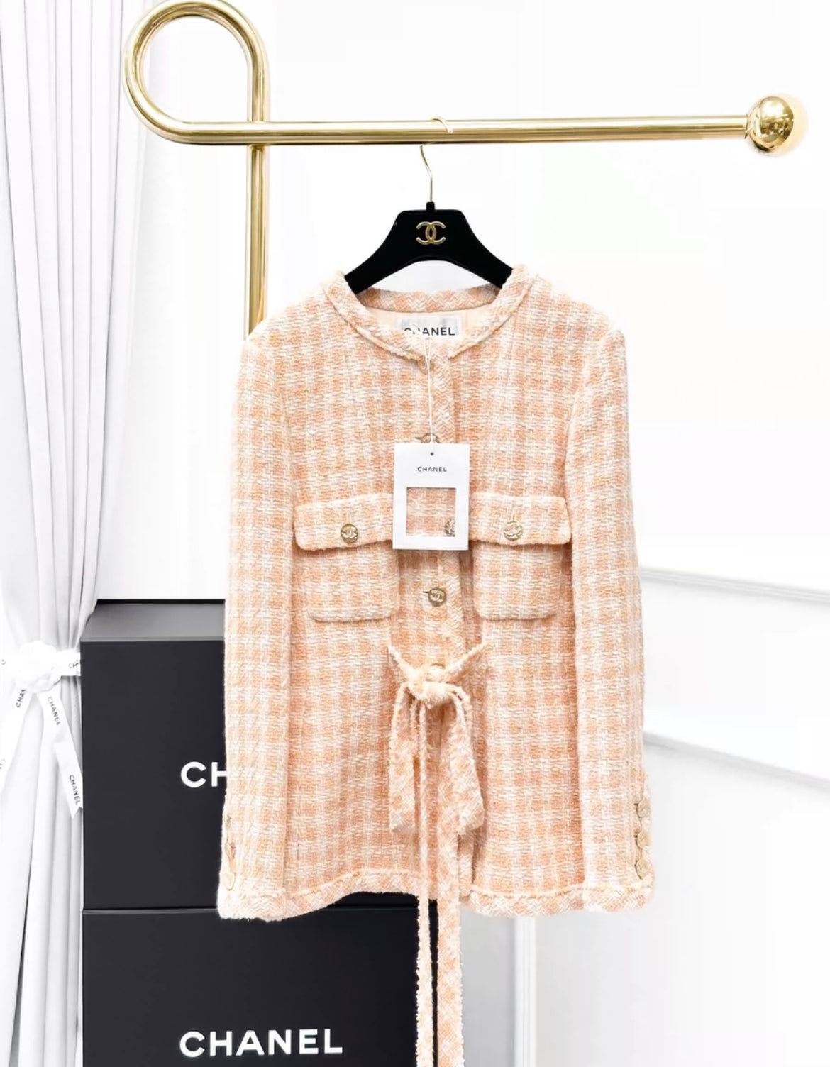 chanel 23s houndstooth light orange plaid jacket size 34