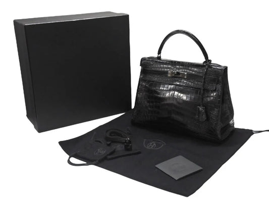 Hermes Kelly 32 So Black matte crocodile leather