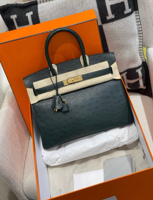 HERMES BIRKIN 30 OSTRICH GREEN GOLD HARDWARE