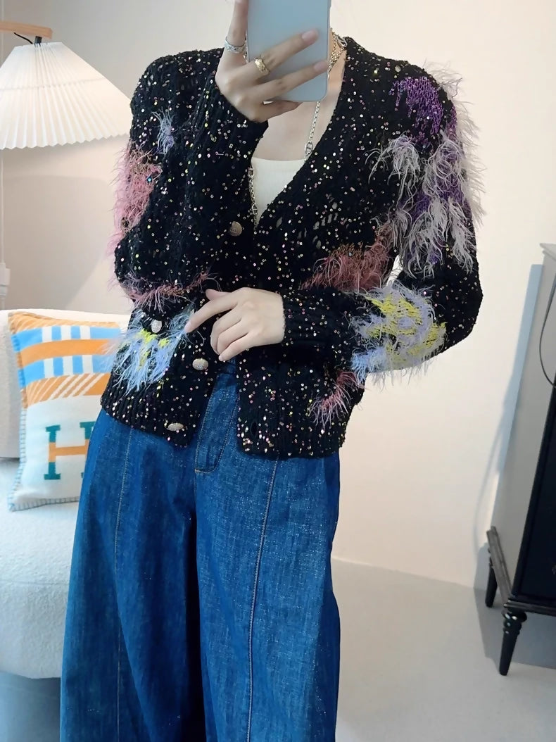 Chanel 24C colorful ostrich feather and sequined knit cardigan