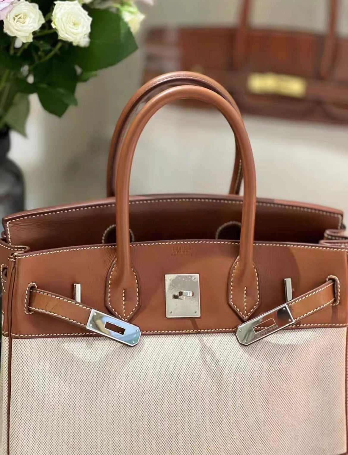 Hermès Birkin 30 Toile H and Brown Swift Palladium Hardware