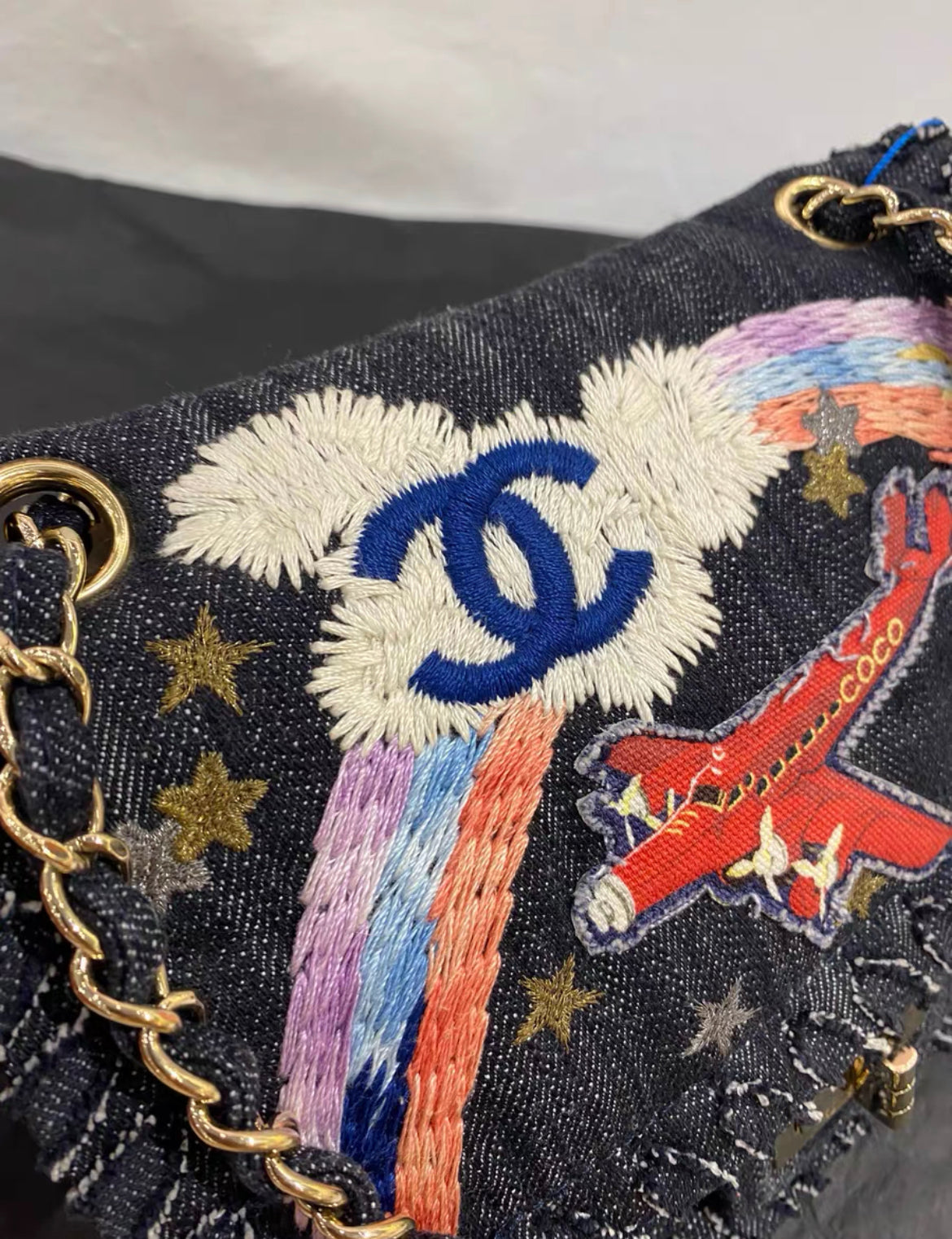 CHANEL 2006 VINTAGE NIGHT FLIGHT DENIM REISSUE AIRPLANE RAINBOW BAG 24K GHW