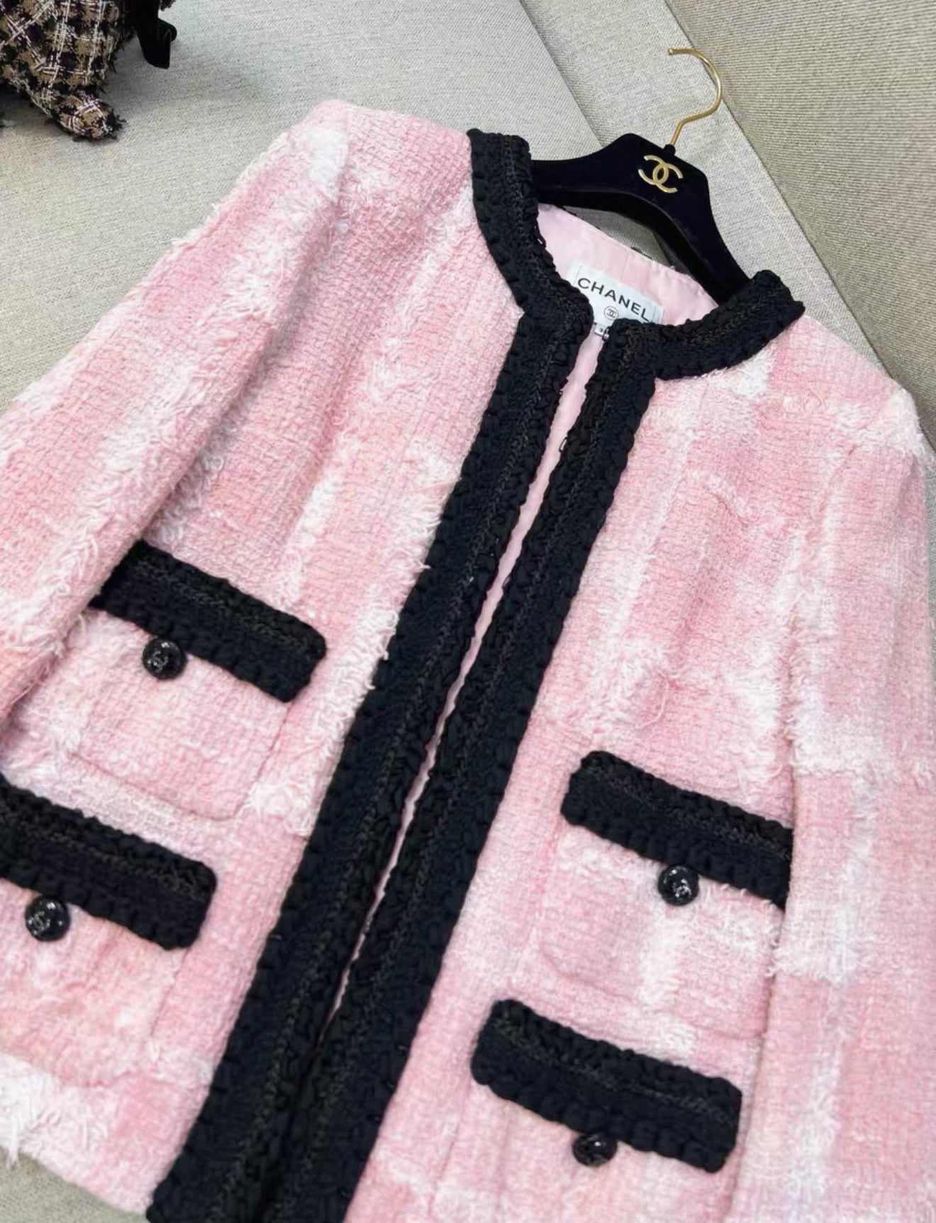 Chanel 22C Pink & black tweed jacket