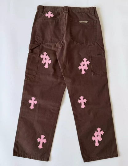 CHROME HEARTS PINK CROSS PATCH BROWN CARPENTER PANTS